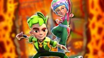 Subway Surfers Floor is Lava: Two Easter Ireland characters outlined in white and pasted on a blurred Floor is Lava screenshot