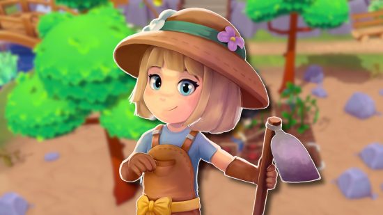 Sugardew Island release date: The blonde female farmer from the Sugardew Island key art outlined in white and pasted on ablurred screenshot of a player's farm
