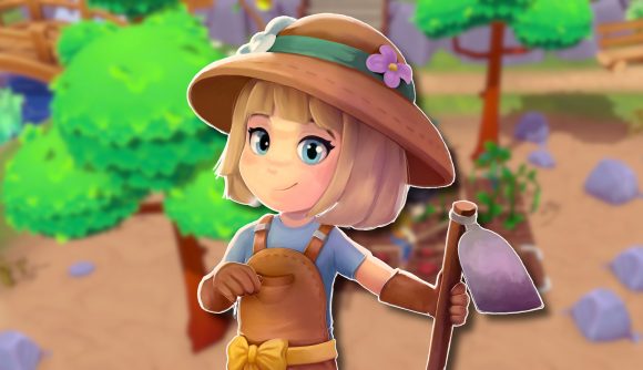 Sugardew Island release date: The blonde female farmer from the Sugardew Island key art outlined in white and pasted on ablurred screenshot of a player's farm