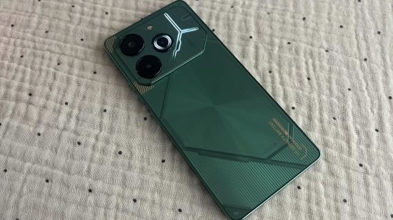 Custom image for TECNO POVA 6 Pro 5G review detailing the back of the phone with it's shiny green cover