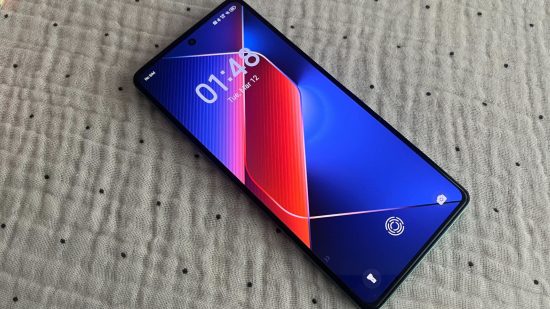 Custom image for TECNO POVA 6 Pro 5G review showing the lock screen with a blue and red background