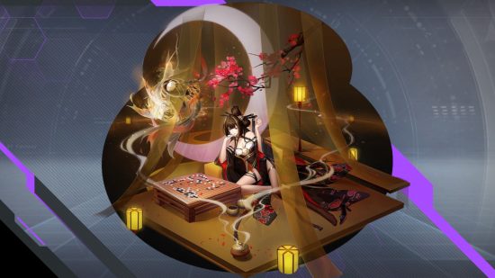 Tower of Fantasy characters - Ji Yu's splash art showing her reclining and playing a board game as incense burns in front of her