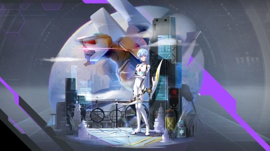 Tower of Fantasy characters - Rei's splash art showing her standing with her arm wrapped around herself as she holds a bow in front of an EVA
