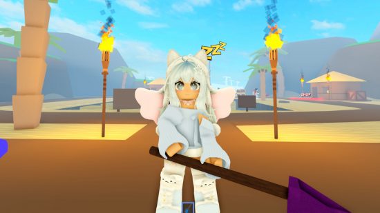 Treasure Hunt Simulator codes - a screenshot of a Roblox character in a cute outfit holding a shovel