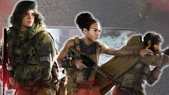 Warzone Mobile controller: Three soldiers stood together holding their guns as one aims while another rests her hand on his shoulder