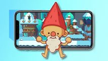 Wildfrost mobile release date: The naked gnome from Wildfrost on top of an iPhone playing the game, all outlined in white and pasted on an icy blue PT background