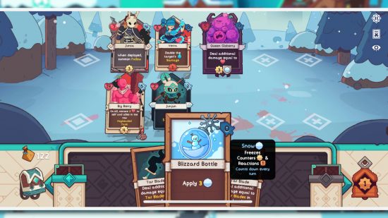 Wildfrost mobile review - a screenshot of gameplay showing multiple cards on the field in-battle