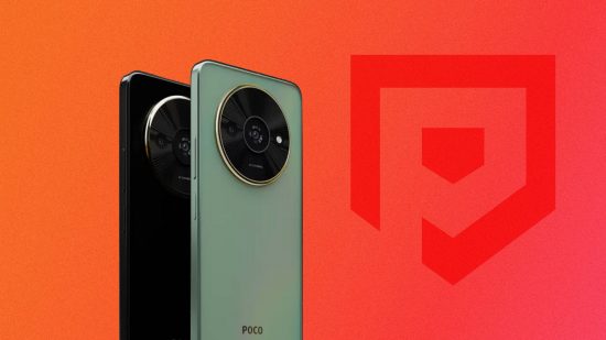 Two Xiaomi Poco C61s against a red background with the Pocket Tactics logo on it