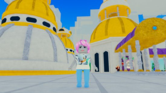 Anime Slots codes - a character stood in front of large white and yellow buildings