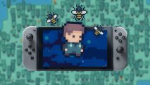 Apico free update for switch - a pixelated character surrounded by bees on top of a switch console