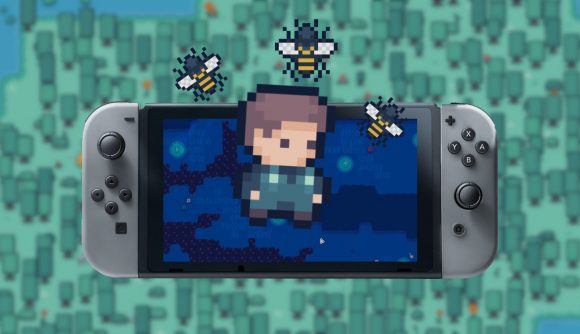 Apico free update for switch - a pixelated character surrounded by bees on top of a switch console