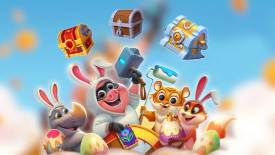 three Coin Master chests floating above a cast of animal characters from the game