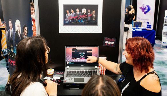 DevelopBrighton Indie Showcase in 2023 showing a computer with a game on it