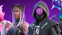 Fortnite patch notes - two characters wearing black clothes against a purple background