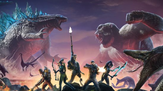 Key art for Godzilla x Kong: Titan Chasers showing people armed with weapons