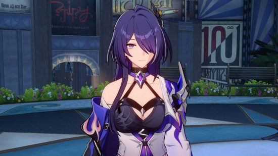Honkai Star Rail tier list - Acheron standing in a town square with a serious look on her face