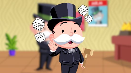 Monopoly Go Altruistic Auction - the Monopoly Man surrounded by dice and holding a gavel