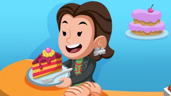 Monopoly Go Sweet Relief - a brunette woman holding a giant slice of cake