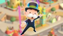 Monopoly Go boardwalk bonanza - the monopoly man over a blurred picture of a city in the game