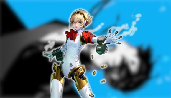 Persona 3 Aigis the first mission - key art of Aigis over artwork of Persona 3