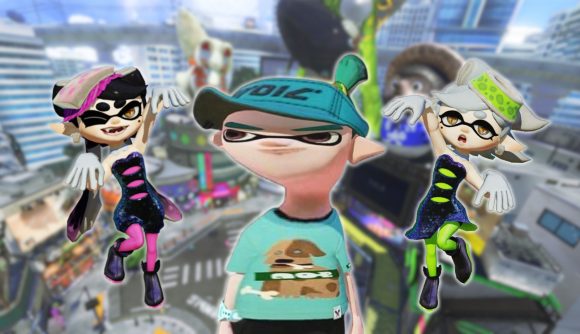 Splatoon 1 feature - two Idols and a stretched inkling on a city backdrop