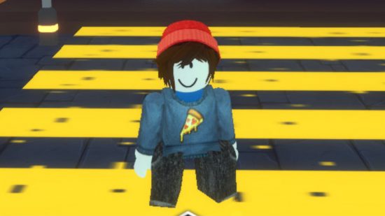 Anime Clash tier list: an avatar in a red beanie and blue pizza jumper stood in the middle of a yellow road