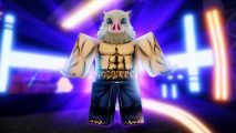 Anime Fantasy codes - a Roblox character with a boar head called Inosuka in front of a neon-lit background