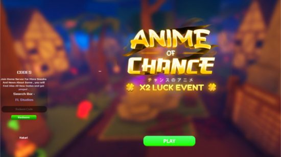 Anime Of Chance codes redemption screen in the main menu of the game