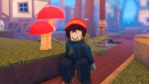 Anime of Chance codes screenshot showing an avtaar in a red beanie and blue jumper stood next to red glowing mushrooms with buildings in the background