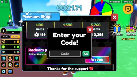 Anime Racing 2 codes: A screenshot of the game's horribly busy code redemption screen with a PT logo in the top right corner