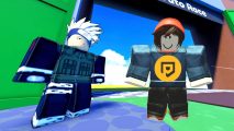 Anime Racing 2 codes: A Roblox version of Naruto's Kakashi standing next to a generic Roblox avatar wearing a PT shirt