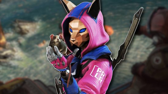 Apex Legends tier list: A character dressed in a pink hoodie with a gold rat mask holding a rat, outlined in white and pasted on a blurred Apex wallpaper