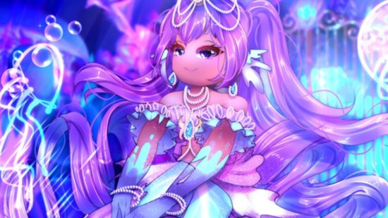Astro Renaissance codes - artwork from the game showing a pretty Roblox character in an extravagant fairy-style dress