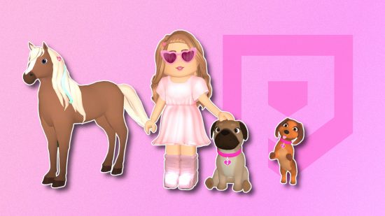Barbie games: A blonde character from Barbie DreamHouse Tycoon on Roblox with a hourse and two dogs, all outlined in white and pasted with shadow on a bubblegum pink PT background