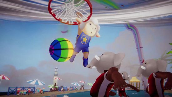 Screenshot of a sheep scoring a slam dunk in Never Be Afraid Slam Dunk for a list of the best basketball games