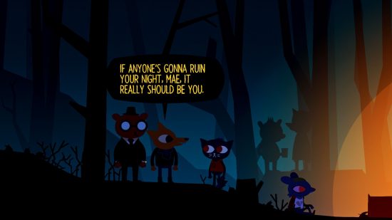 best indie games - a screenshot of Night in the Woods showing characters at night, in the woods
