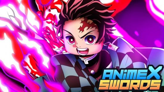 Screenshot of the Anime Swords X key art with an anime character flailing a sword for best Roblox games guide