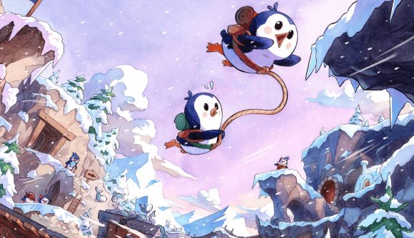 bread and fred watercolor key art of two grappling penguins