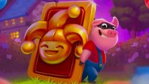 coin master pig character grinning and holding a joker card