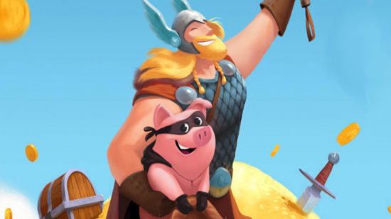 Coin Master Thor's Wheel: Official artwork of the pig being held by Thor, a blonde haired white human male wearing awinged helmet and holding a sword aloft into a blue sky. They are standing on a pile of gold coins