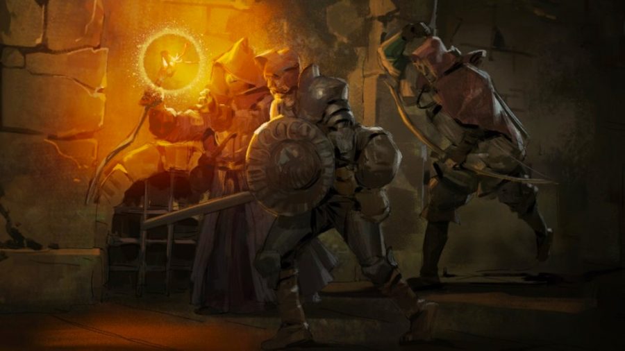 Dark and Darker band with a mage and fighters preparing for battle in a dungeon