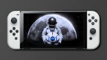 Deliver Us The Moon Switch: A piece of key art from the game of an astronaut cradling a robot standing in front of the moon, pasted onto a Switch OLED model, This is drop shadowed on a grey PT background