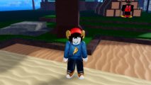 Demon Piece codes screenshot showing an avatar with horns in a red beanie and pizza jumper stood in front on the sand in front of a tree