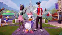 Artwork from the Thrills and Frills Disney Dreamlight Valley update showing Daisy Duck standing between two player characters
