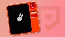 Custom image for early Rabbit R1 reviews news with the device on an orange background