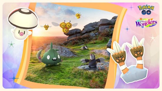 earth Day 2024 - Pokemon Go key art showing Foongus, Combee, and Trubbish in a grassy area