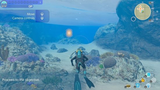 Endless Ocean Luminous-Rezension – ein Scubs-Taucher unter Wasser in der Nähe eines Riffs mit einer Zielmarkierung vor sich