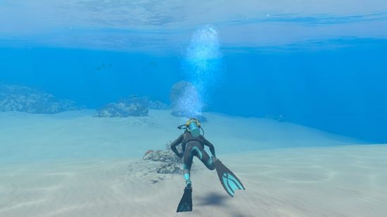 Endless Ocean Luminous review screenshot showing a scuba diver swimming in the wide open ocean