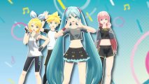 Fitness Boxing feat Hatsune Miku release date: Miku, Rin, Len, and Luka from Fitness Boxing outlined in white and pasted with a dark drop shadow on a blurred geometric background in Miku's classic teal colour with yellow and pink accents.