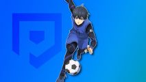 Football games: Isagi from Blue Lock running after a football, outlined in white and pasted on a royal blue PT background